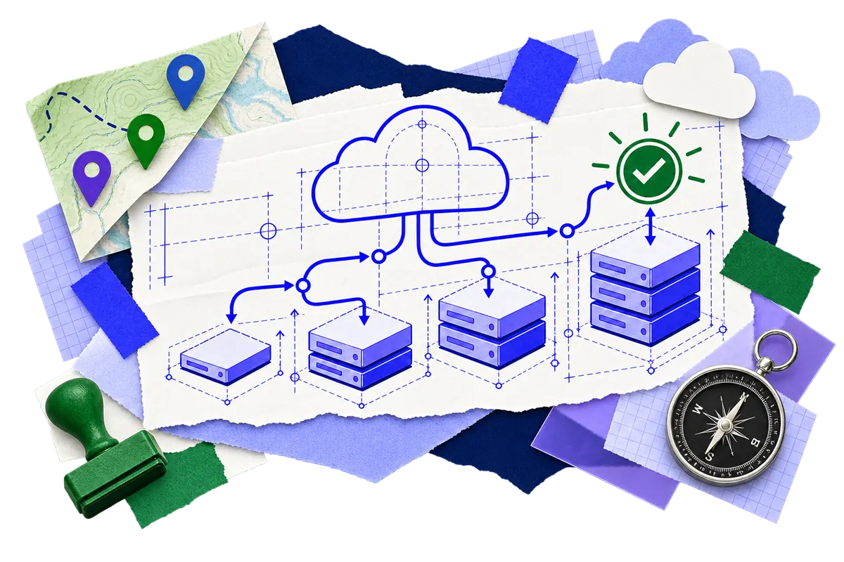 Cloud hosting collage with scalable servers connected through the cloud