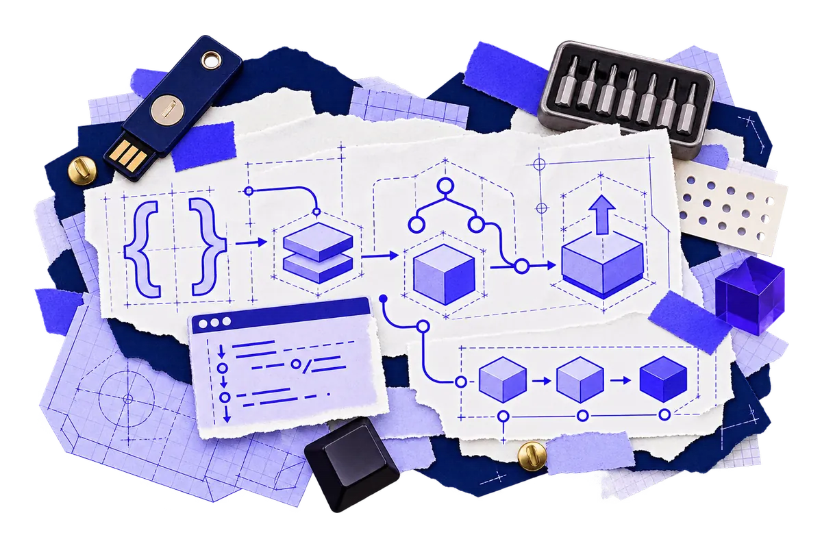 Developer tools collage with code, deployment steps and a terminal in one control panel