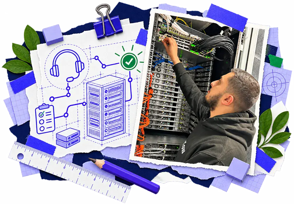 ResellerSpace support engineer working on a server rack, beside a sketch of how support connects to our servers
