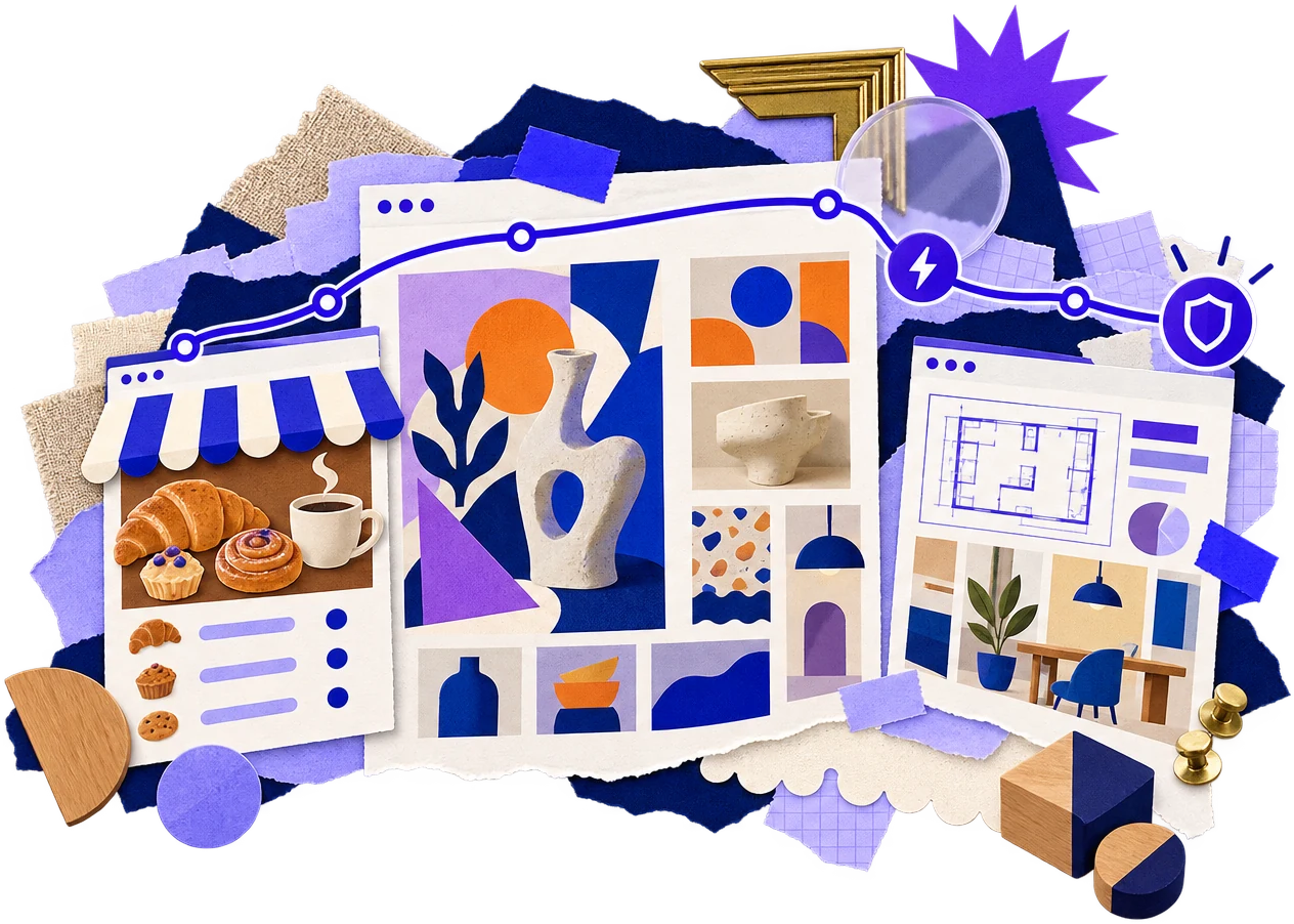 Collage of small business websites, from a bakery to an interiors shop, kept fast and secure by ResellerSpace hosting