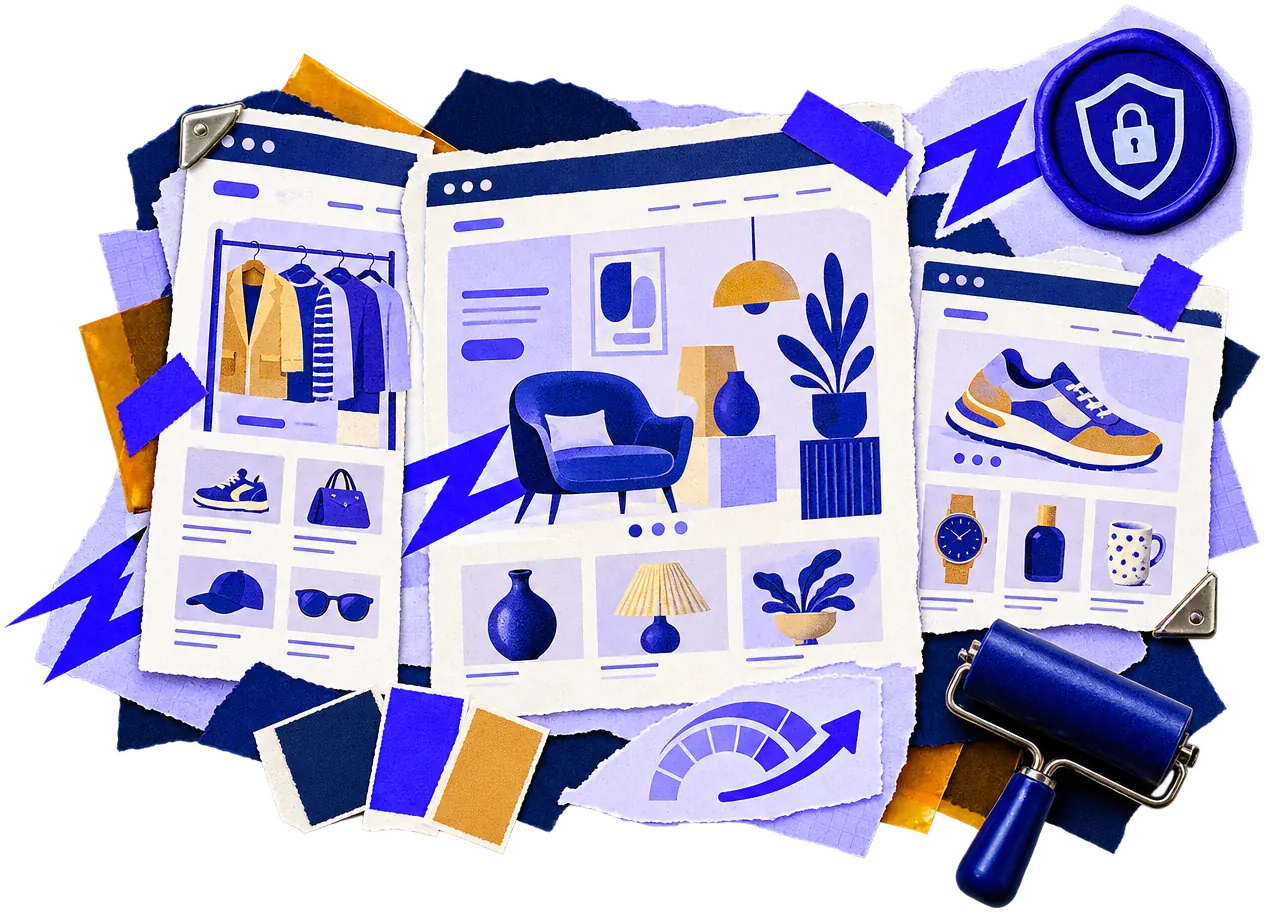 Fast, secure web hosting collage with online shop pages, a speed gauge and an SSL padlock