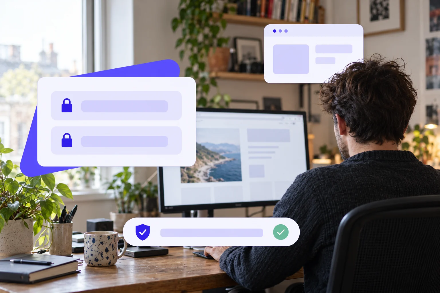 Domain owner at their desk with private contact details locked and domain privacy protection active