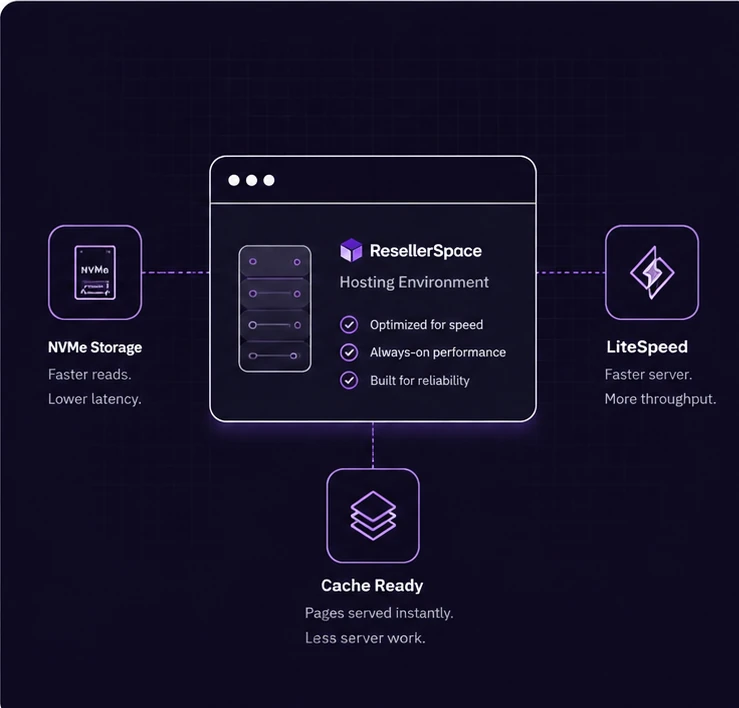 A hosting environment panel listing optimised for speed, always-on performance and built for reliability, linked to NVMe storage, LiteSpeed and a cache.