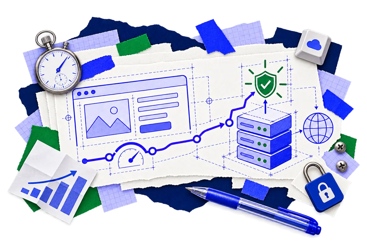 Web hosting collage showing a fast, secure website connected to a server