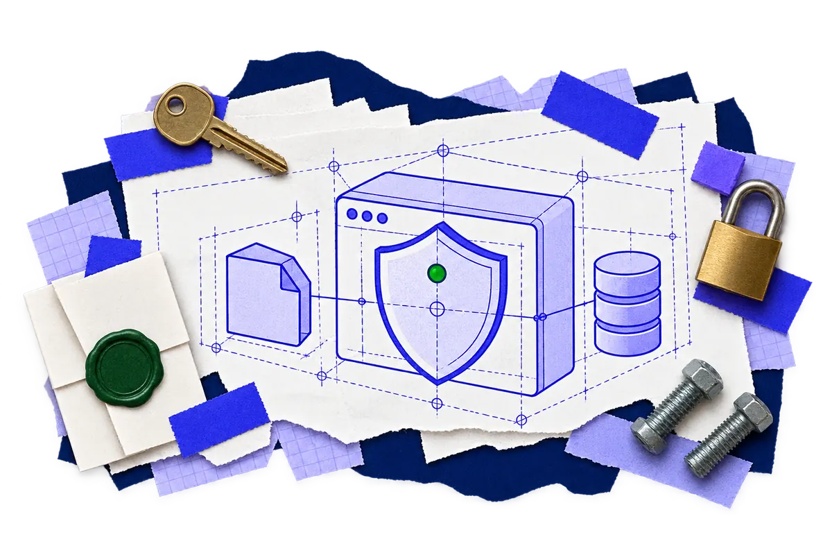 Website and hosting security collage with a protected server, padlock and malware shield