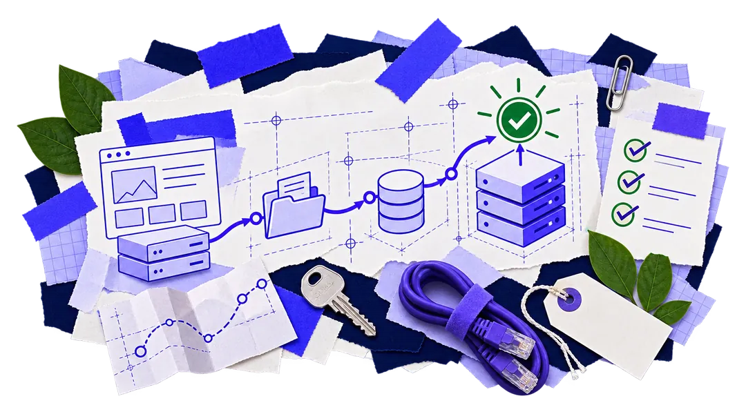 Website migration collage: a site, its files and database moved to a new server and checked