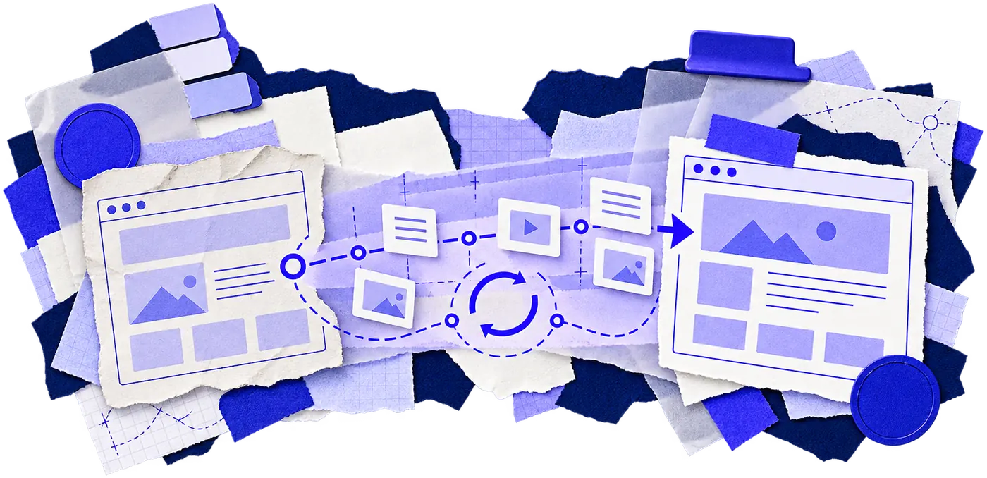 Website migration collage: pages, images and files moved from an old site to a new one on ResellerSpace