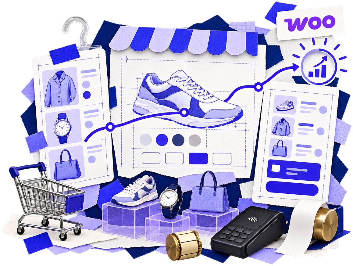 WooCommerce hosting collage with an online shop, products, a basket and a card payment terminal