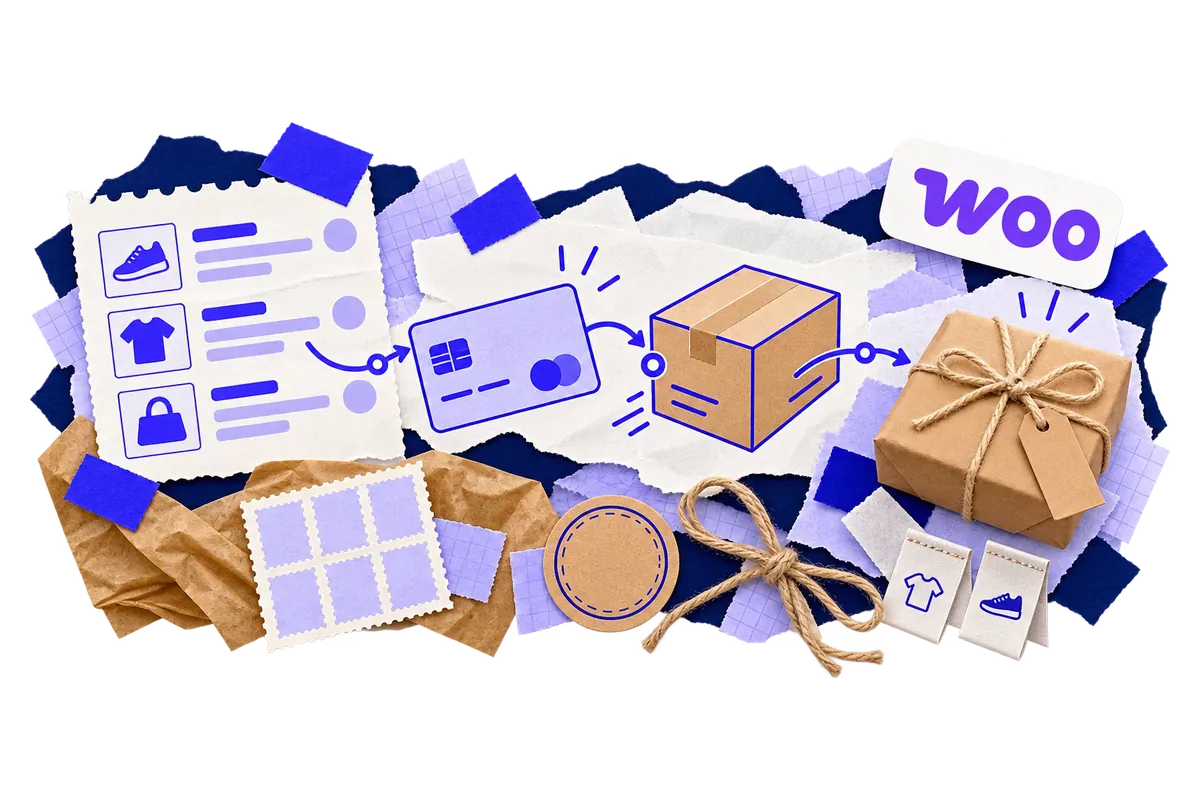 WooCommerce hosting collage with an online shop order being packed and fulfilled